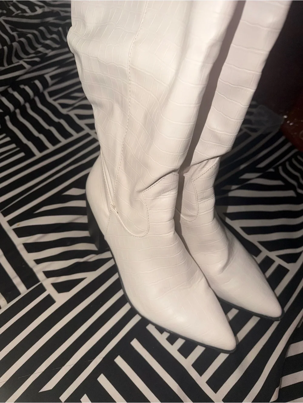 White Croc-Embossed Knee-High Western Boots
